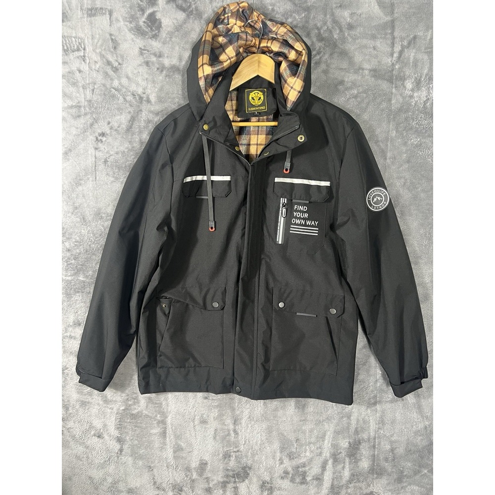Leduntino Mens Black Utility Jacket Plaid Lined Hooded Outdoor Coat Large
